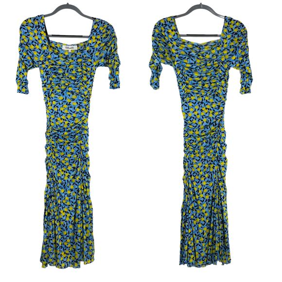 Diane von Furstenberg NWOT Dacey Lemon Gathered Dress Size XS Half Sleeve Ruched - Picture 6 of 13